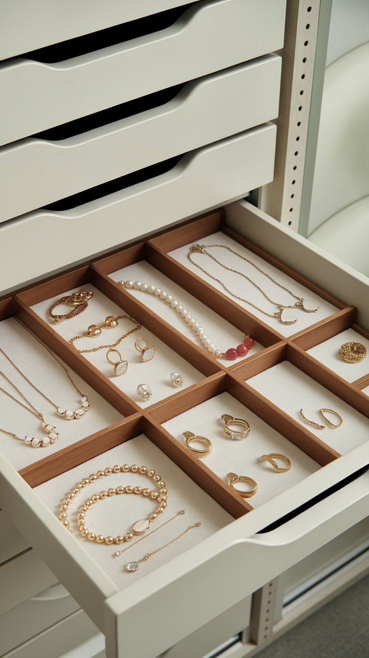 Jewelry organized in a drawer with dividers, showcasing different pieces separated neatly