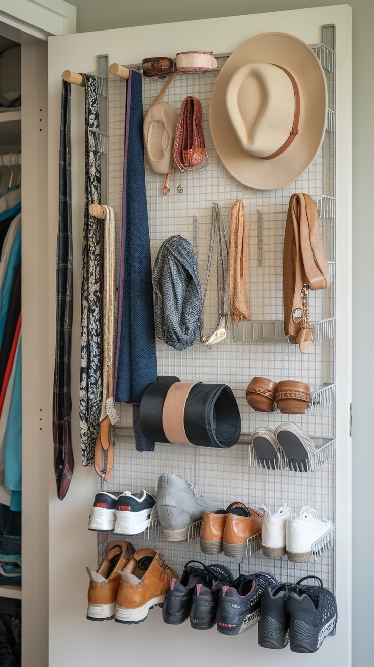 An over-the-door organizer with various accessories and shoes neatly arranged.