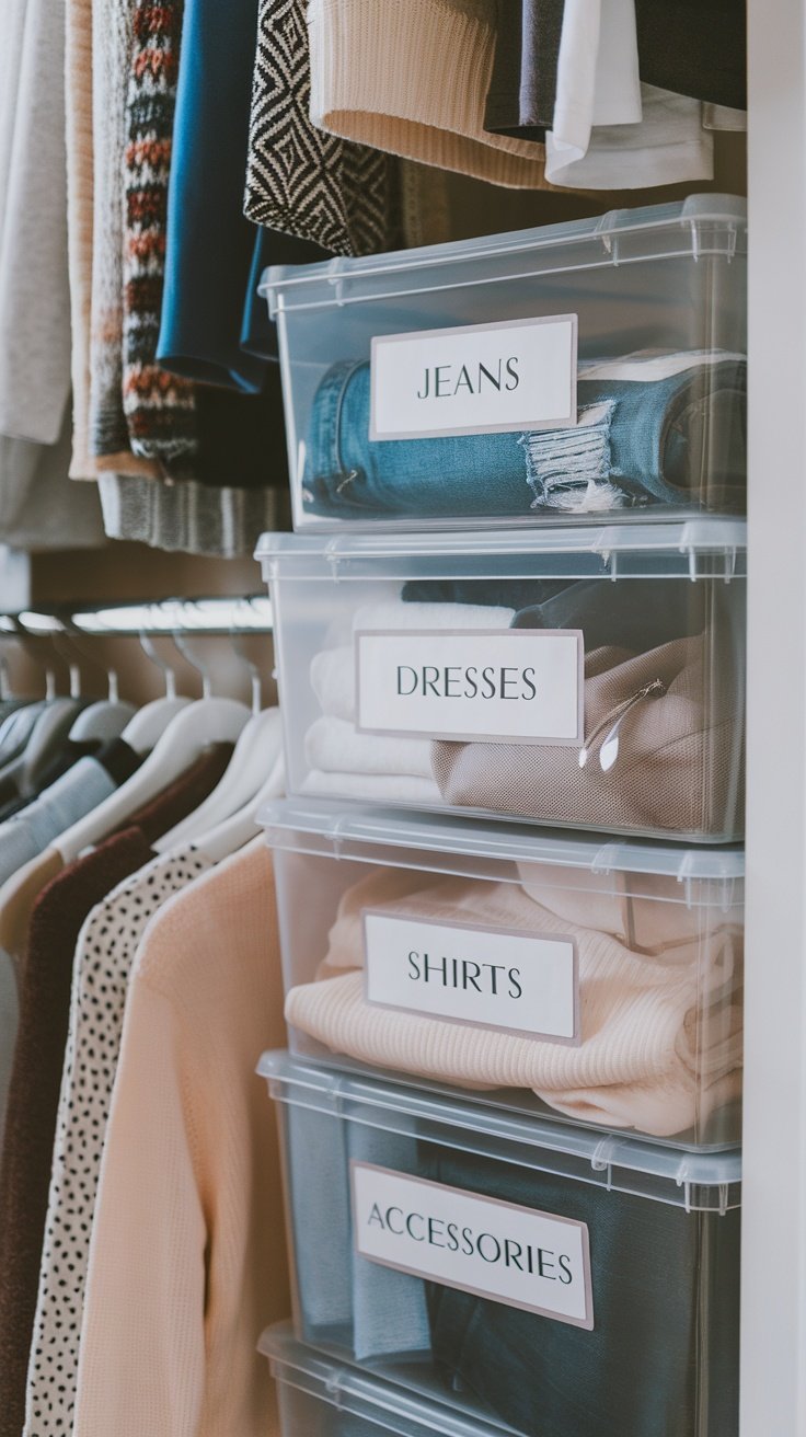 Clear storage bins neatly organized in a closet, labeled for easy identification of contents.