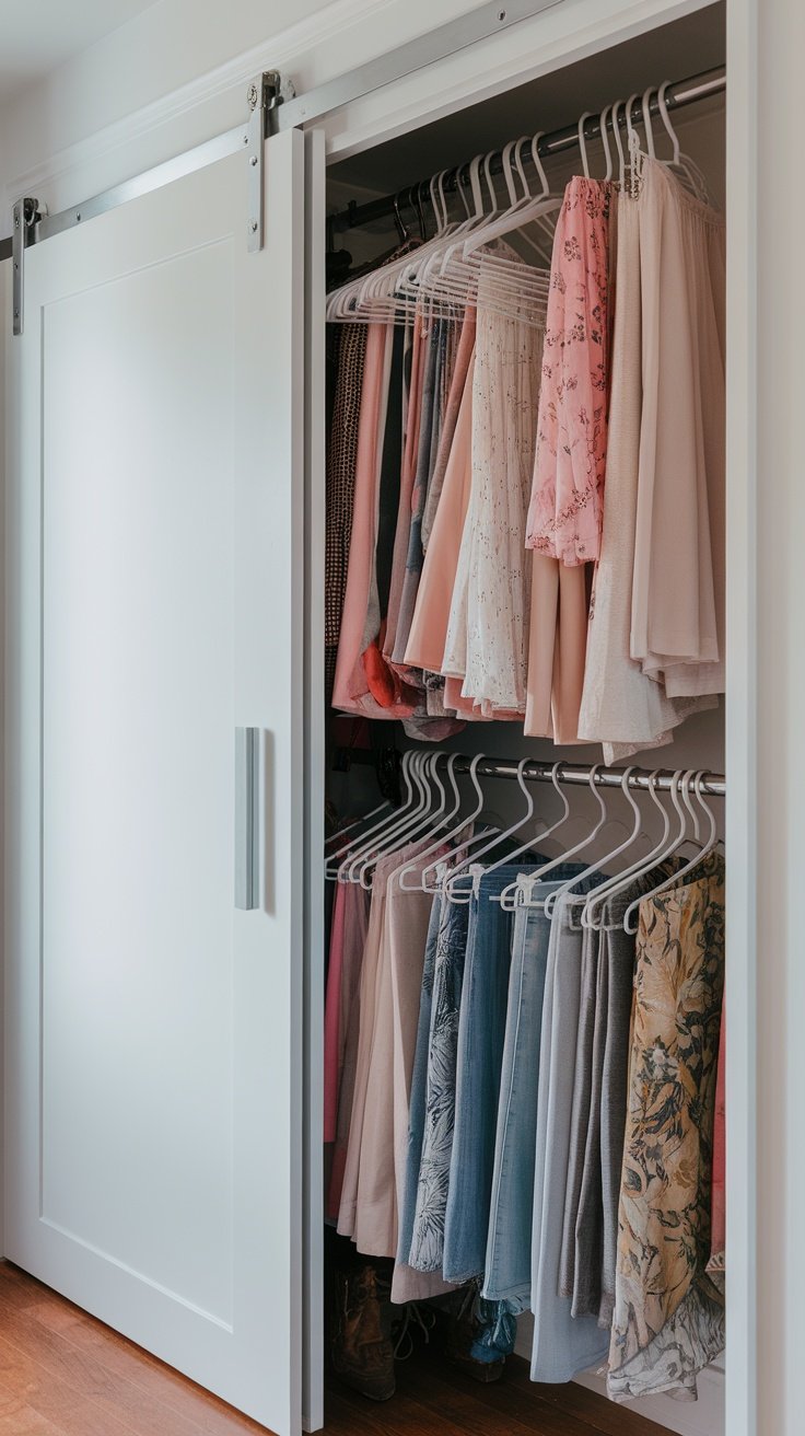 A neatly organized closet with various clothes hanging on multi-purpose hangers.