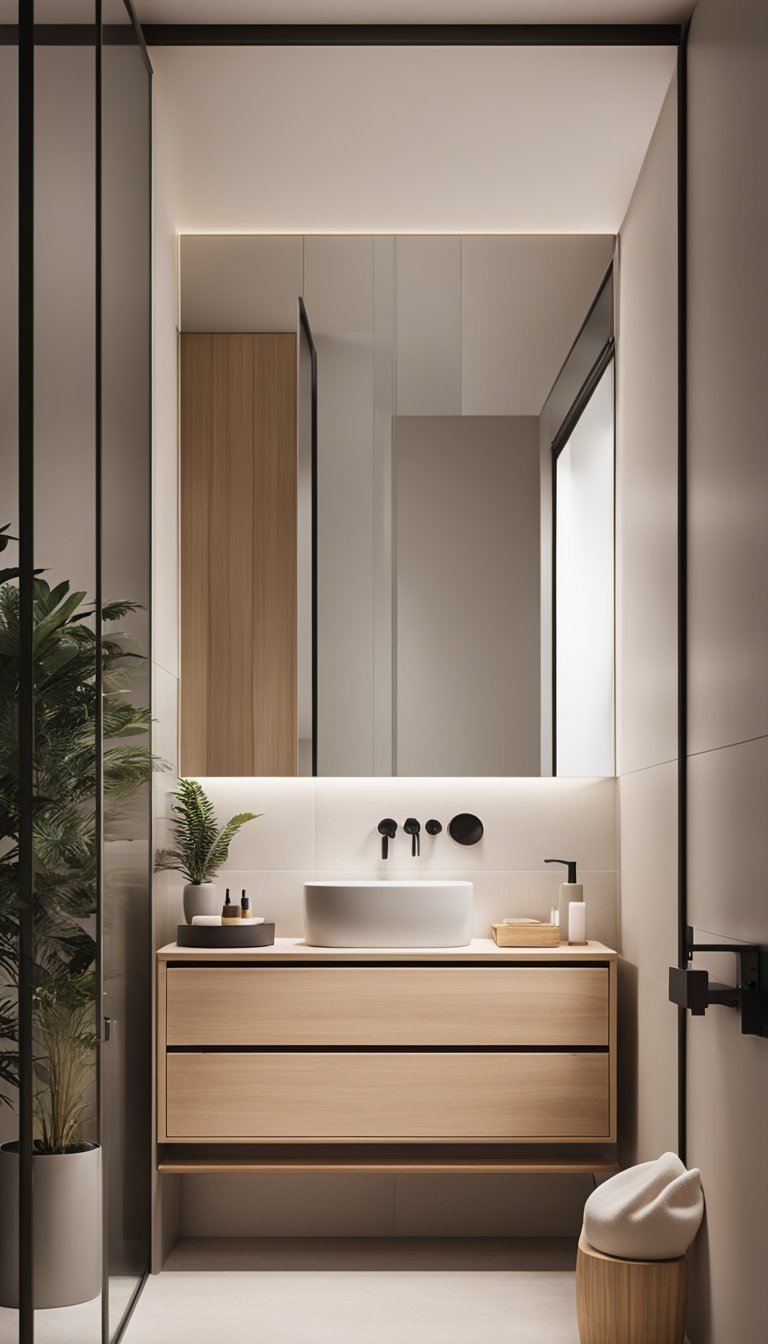 A minimalist bathroom with light wood accents, clean lines, and simple decor