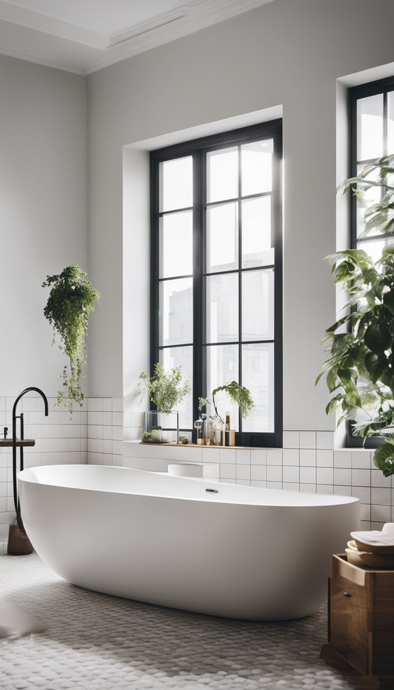 A sleek freestanding bathtub sits in a minimalist Scandinavian bathroom, surrounded by clean lines and natural light