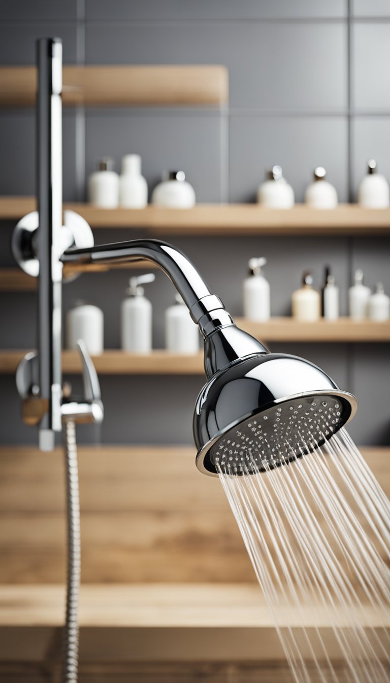 A sleek, minimalist showerhead streams water in a modern Scandinavian bathroom, surrounded by natural wood and clean, simple design