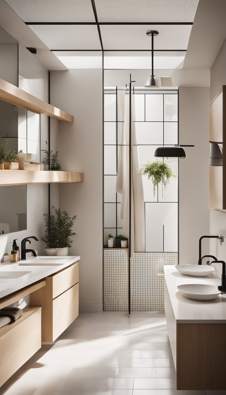 A sleek, minimalist vanity with clean lines and neutral colors sits against a backdrop of light wood and white tiles in a bright, airy Scandinavian bathroom