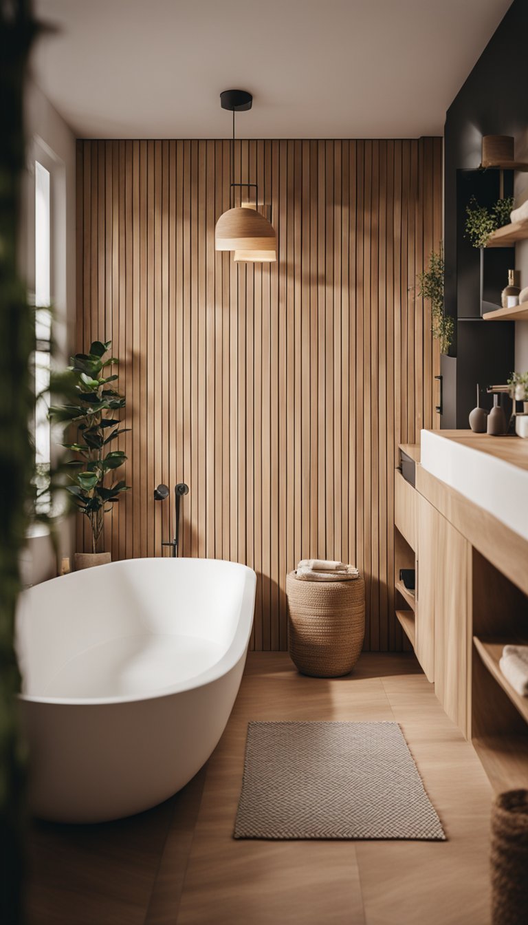 A cozy Scandinavian bathroom with underfloor heating, featuring minimalist design, natural materials, and warm lighting