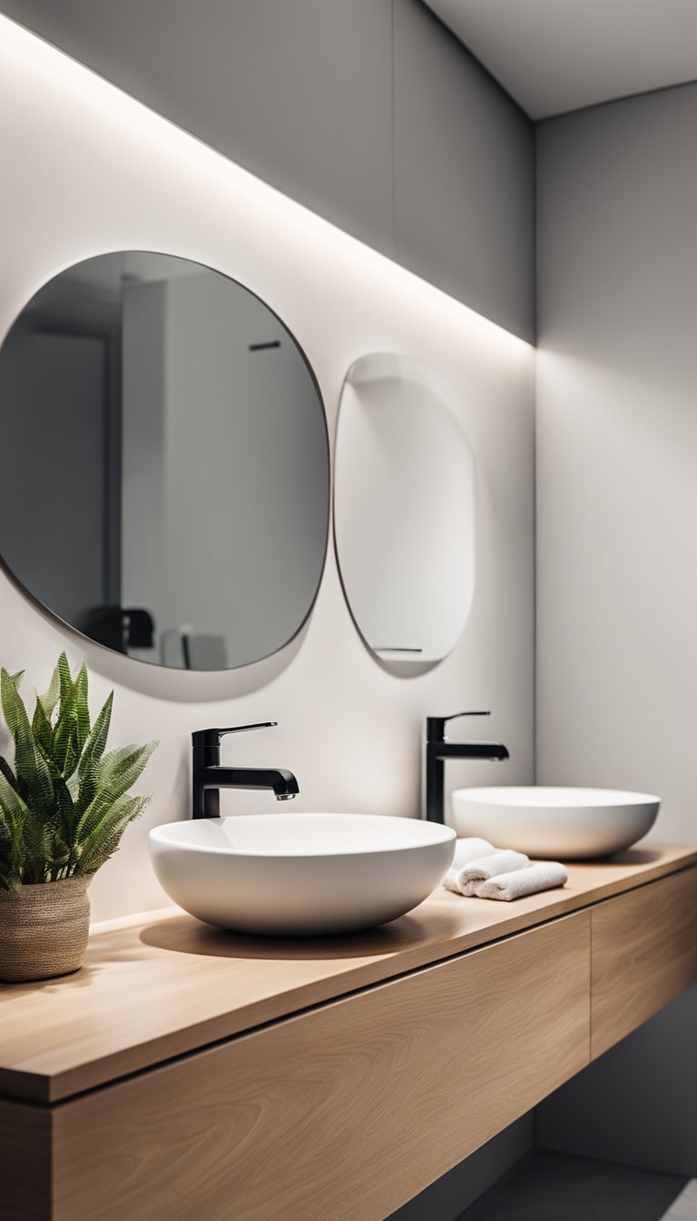 A minimalist bathroom with sleek, wall-mounted faucets, natural wood accents, and clean lines