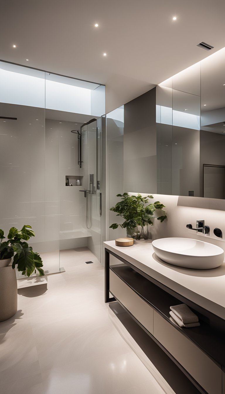 A bright, minimalist bathroom with recessed lighting illuminating sleek, modern fixtures and clean lines