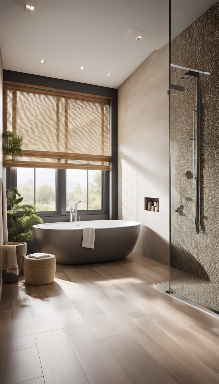 A spacious, minimalist bathroom with light wood accents and a large window. The focal point is the pebble tile flooring, adding a natural and calming element to the space