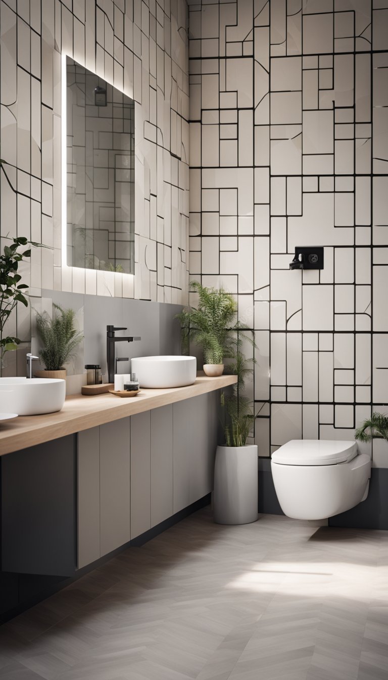 A modern Scandinavian bathroom with geometric wall tiles in muted tones, featuring minimalist fixtures and natural light