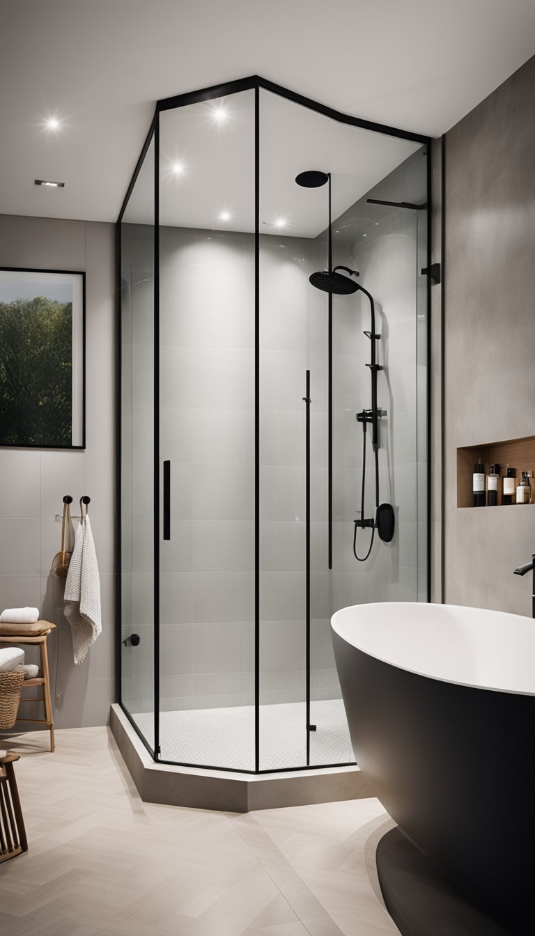 A sleek glass shower enclosure in a modern Scandinavian bathroom, surrounded by minimalist design elements and natural light