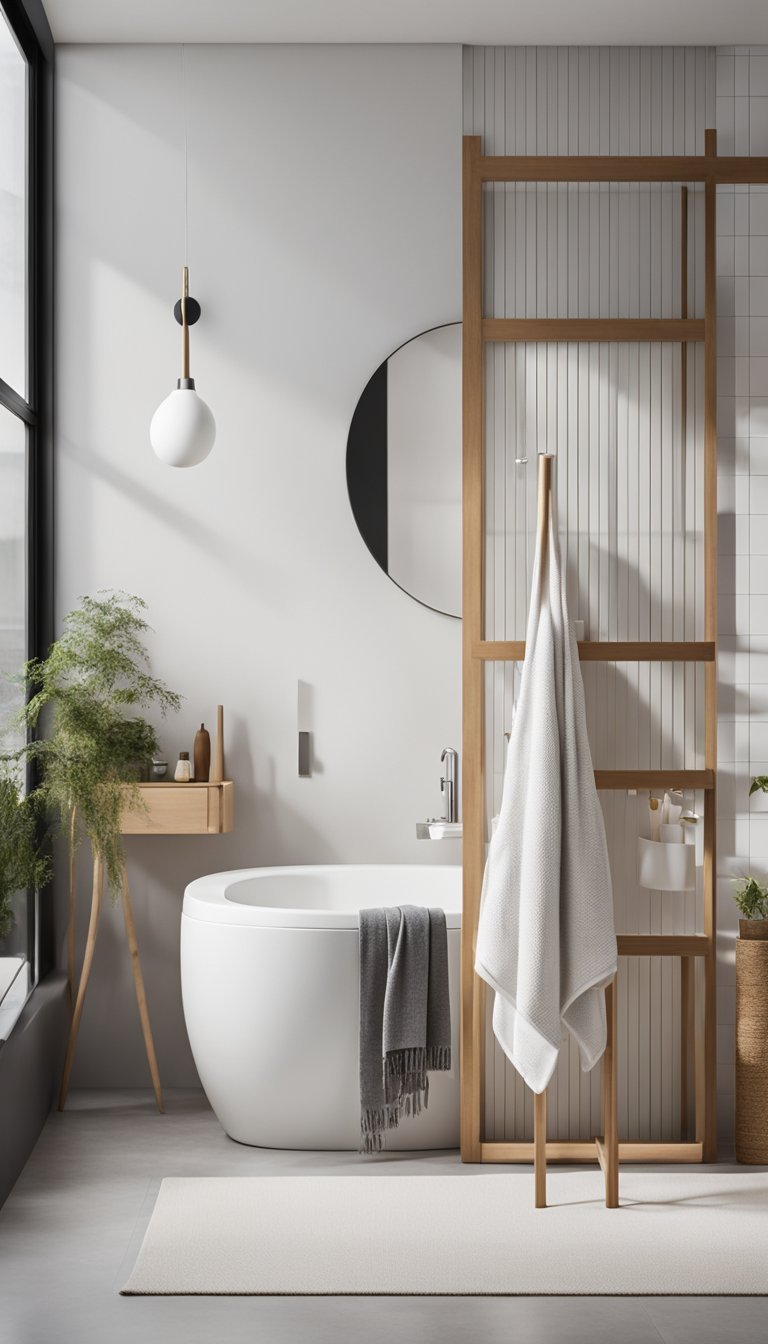 A sleek, modern bathroom with a heated towel rack mounted on the wall next to a freestanding bathtub. The room is decorated in a minimalist Scandinavian style, with clean lines and natural materials