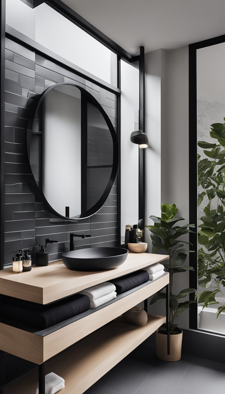 A minimalist bathroom with matte black fixtures, clean lines, and natural light