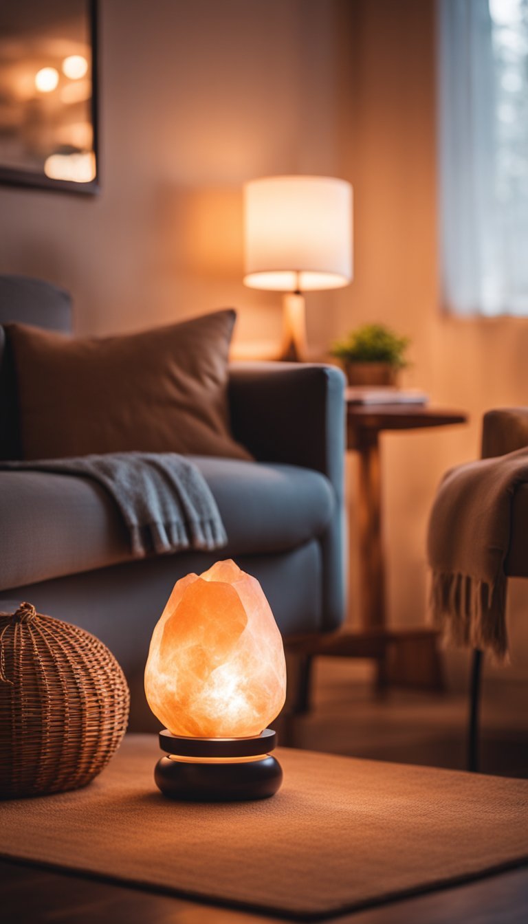 A cozy living room with a Himalayan salt lamp emitting a warm, soft glow, creating a relaxing and inviting atmosphere