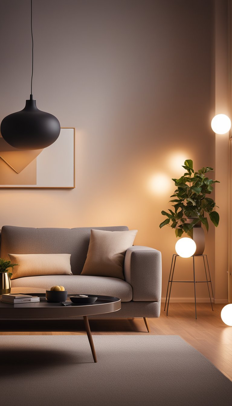 A cozy living room illuminated by Philips Hue White Ambiance lighting, creating a warm and inviting atmosphere