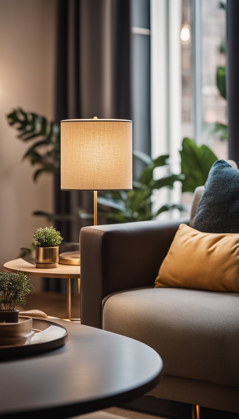 A cozy living room with a FADO table lamp casting warm light on a comfortable seating area