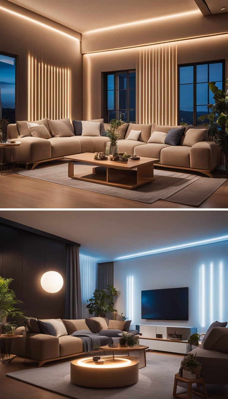 Soft, warm light from Govee Smart LED Strip Lights illuminates a cozy living room, casting a gentle glow on the furniture and creating a welcoming atmosphere