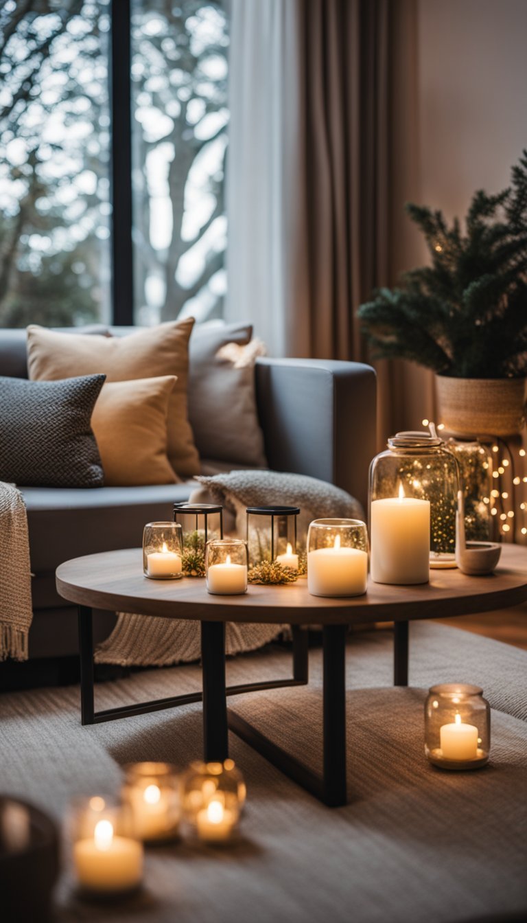 A cozy living room with warm, twinkly smart decorations illuminating the space, creating a cozy and inviting atmosphere