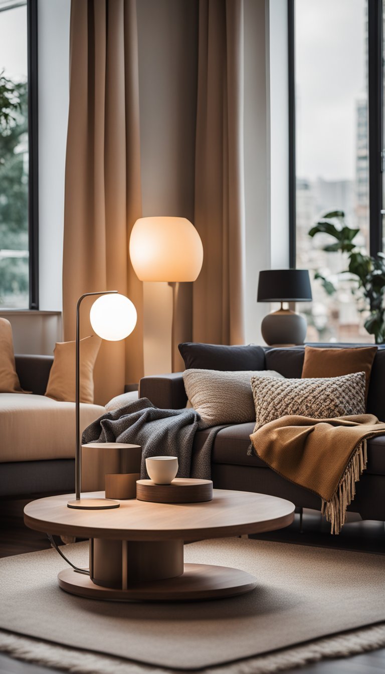 A cozy living room with a FLOS IC Table Lamp casting a warm glow on a side table, creating a cozy and inviting atmosphere