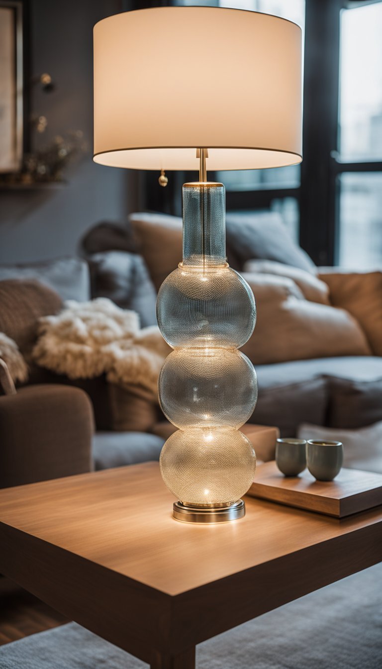 A cozy living room with a West Elm Sculptural Glass Table Lamp casting a warm glow, creating a cozy atmosphere