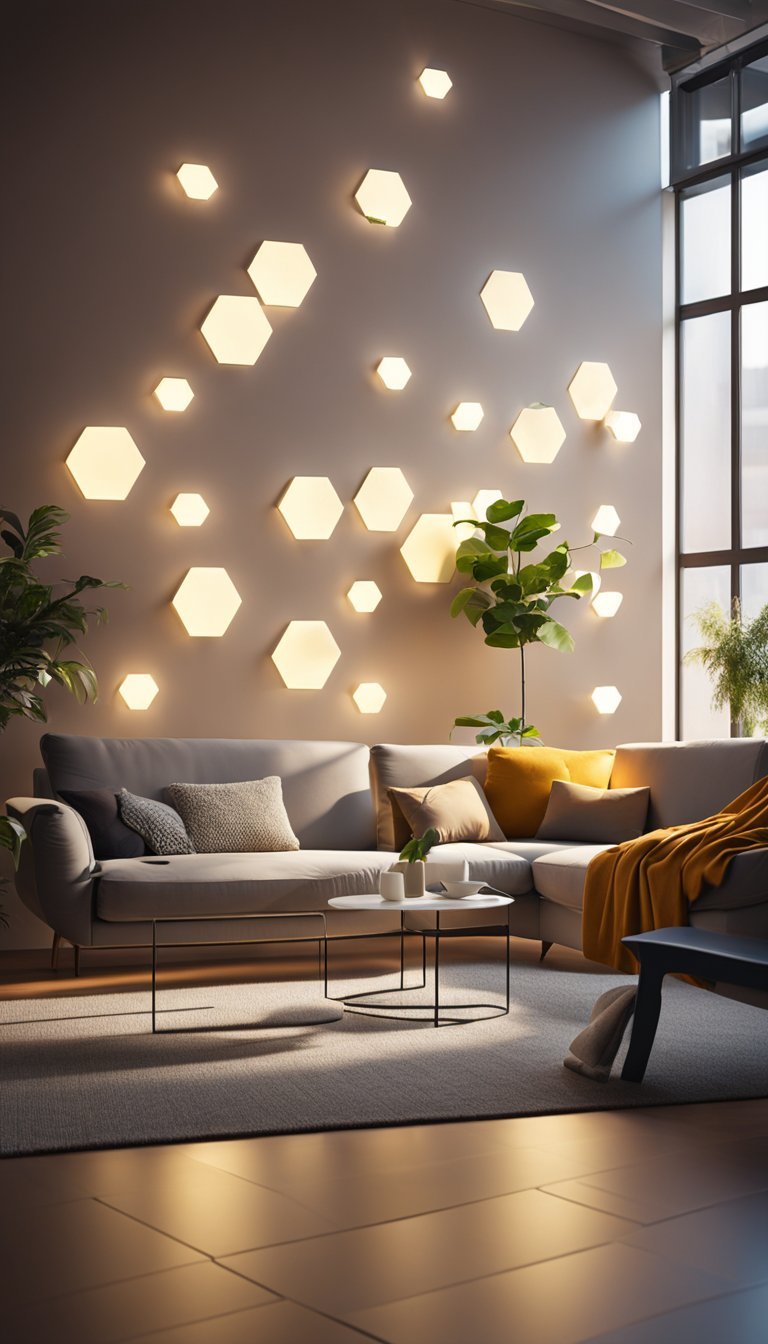 A cozy living room with Nanoleaf Shapes Light Panels casting warm, ambient light on the walls and ceiling, creating a relaxing and inviting atmosphere