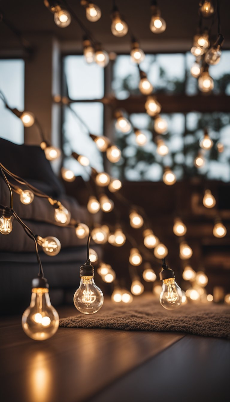 A cozy living room with vintage Edison bulbs casting warm, ambient light over comfortable seating and rustic decor