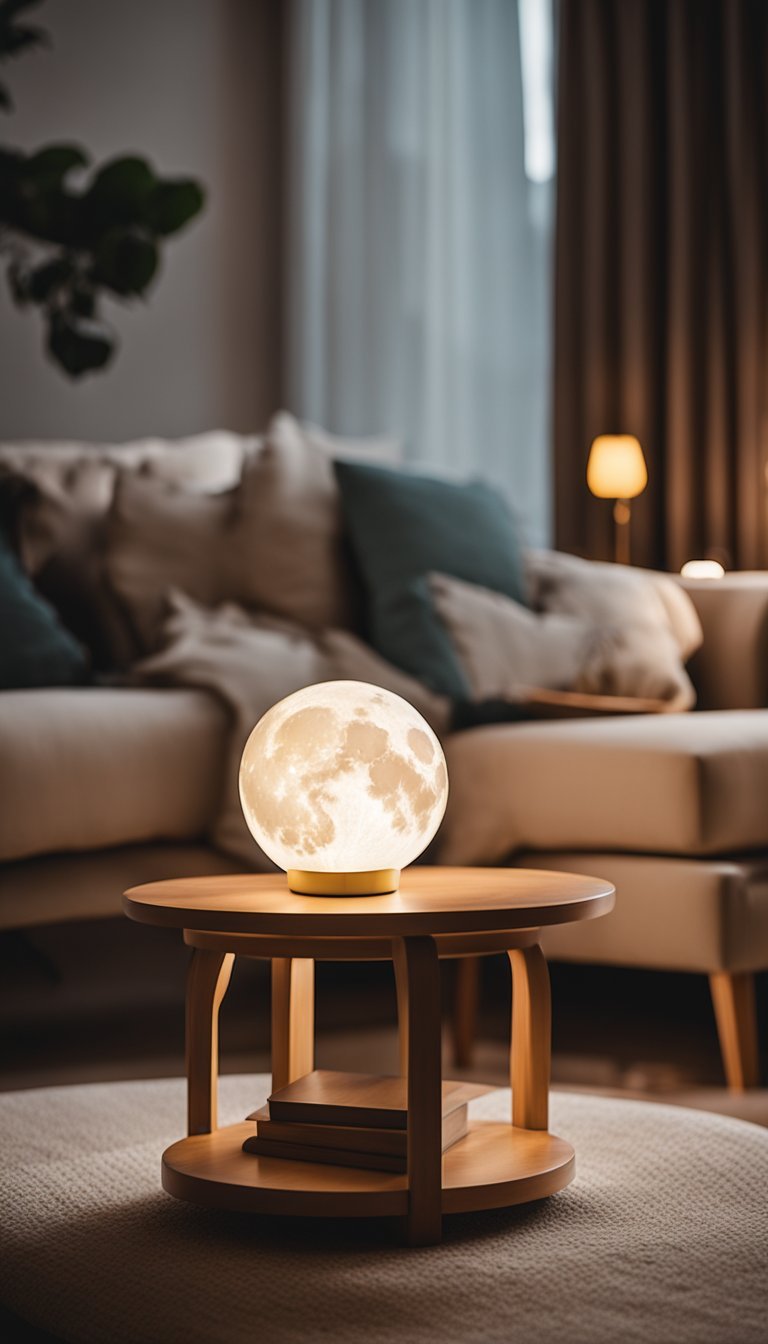 A cozy living room with a moon lamp casting a soft glow on a side table, creating a warm and inviting ambiance