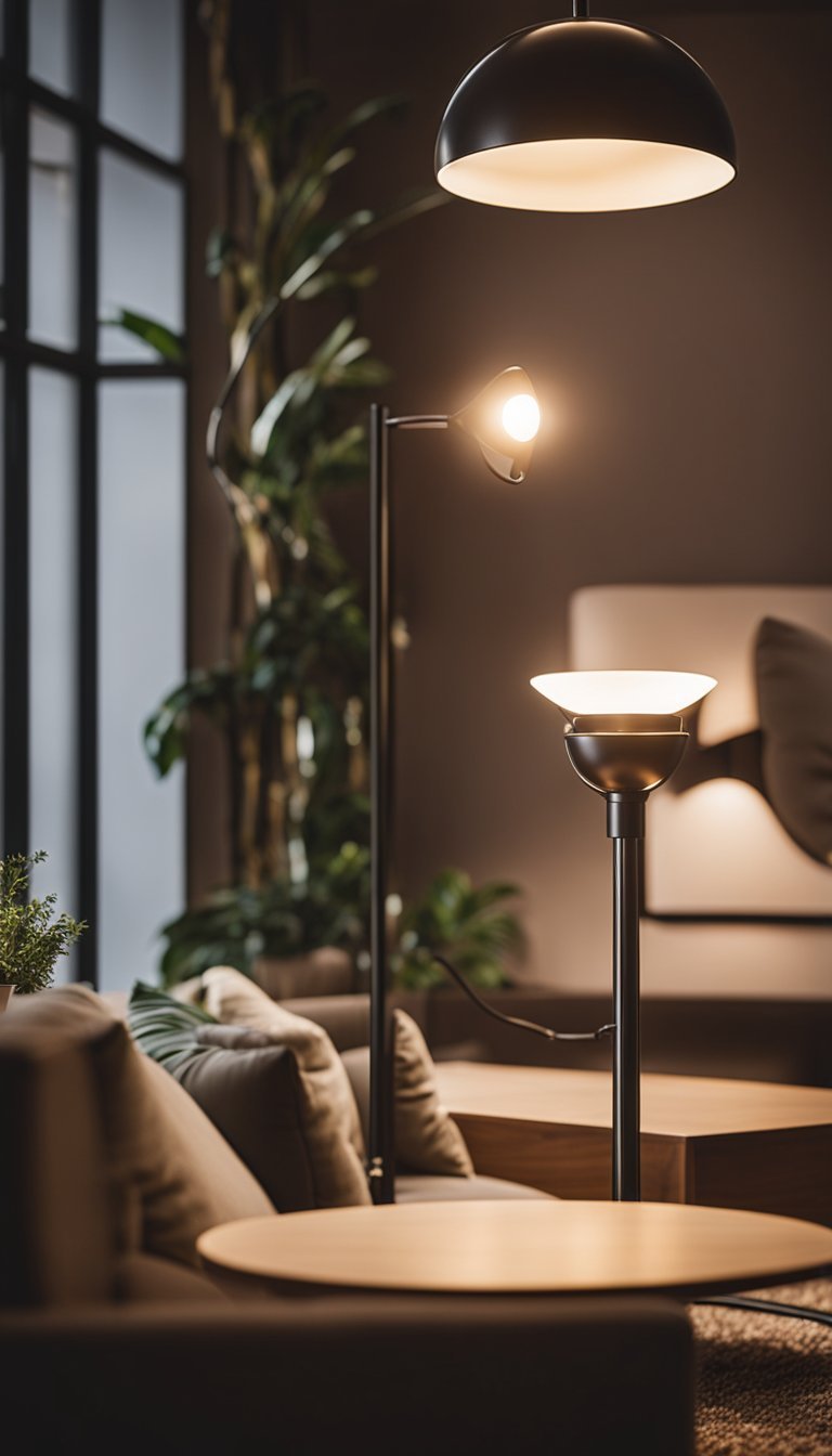 A modern torchiere lamp illuminates a cozy living room with warm, ambient light