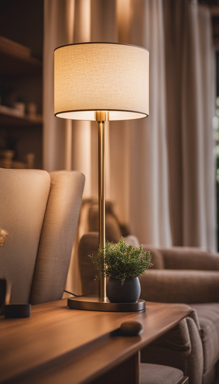 A cozy living room with warm light from an OttLite Wellness Series Lamp, creating a relaxing and inviting atmosphere