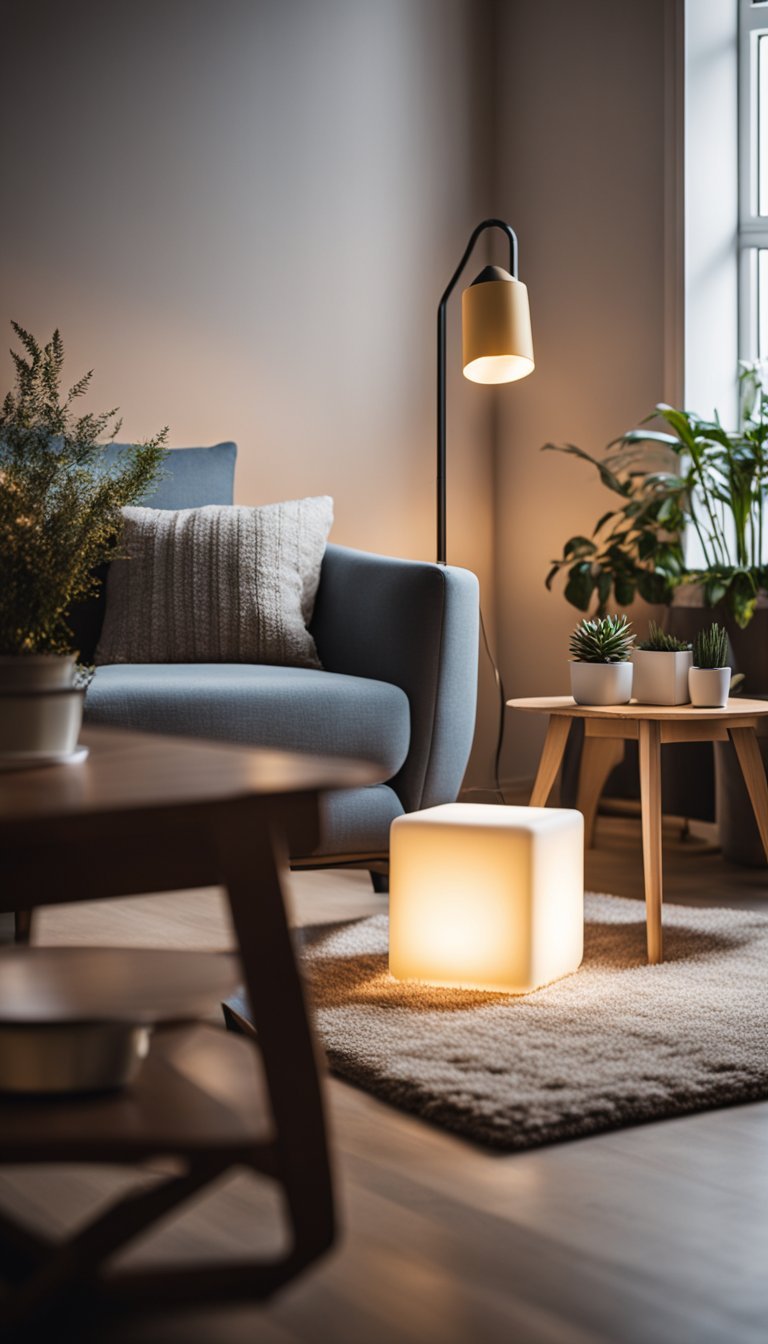 A cozy living room with a Mr. Go LED Cube Light illuminating the space. Soft ambient lighting creates a warm and inviting atmosphere