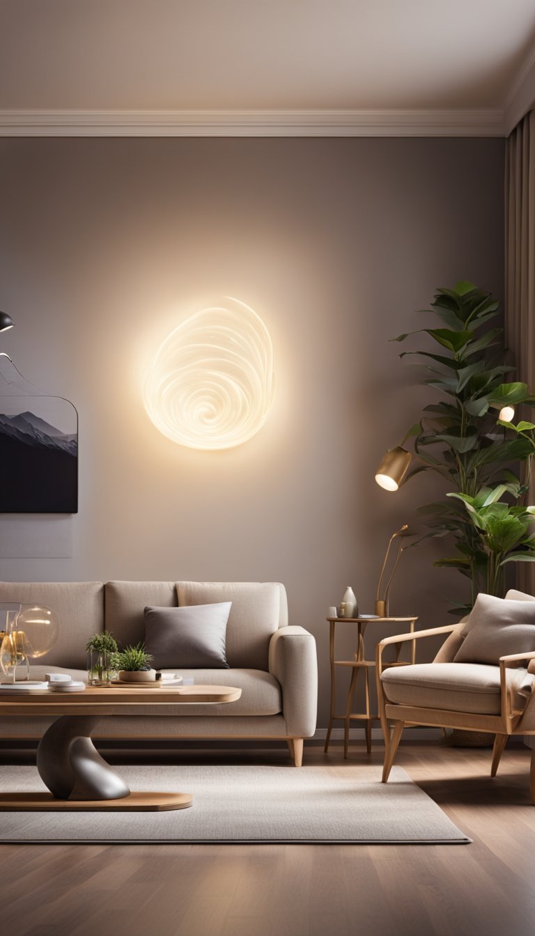 A cozy living room with a Kasa Smart Light Bulb casting warm, ambient light over comfortable seating and a soft rug