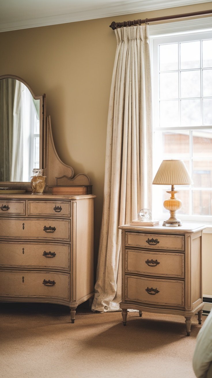 A cozy bedroom featuring vintage furniture including a dresser and a nightstand, with natural light streaming through a window.