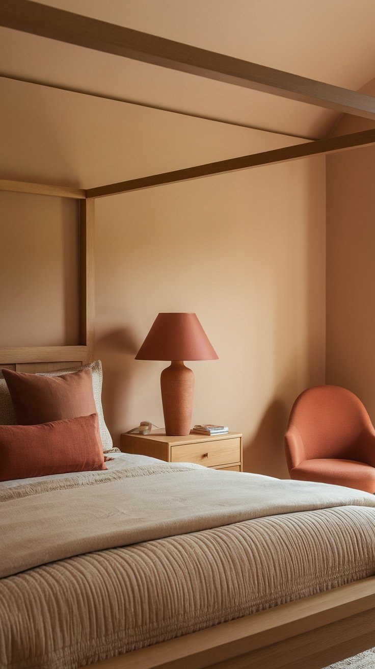 Cozy bedroom with warm color palette, featuring terracotta walls, textured bedding, and a comfortable chair.