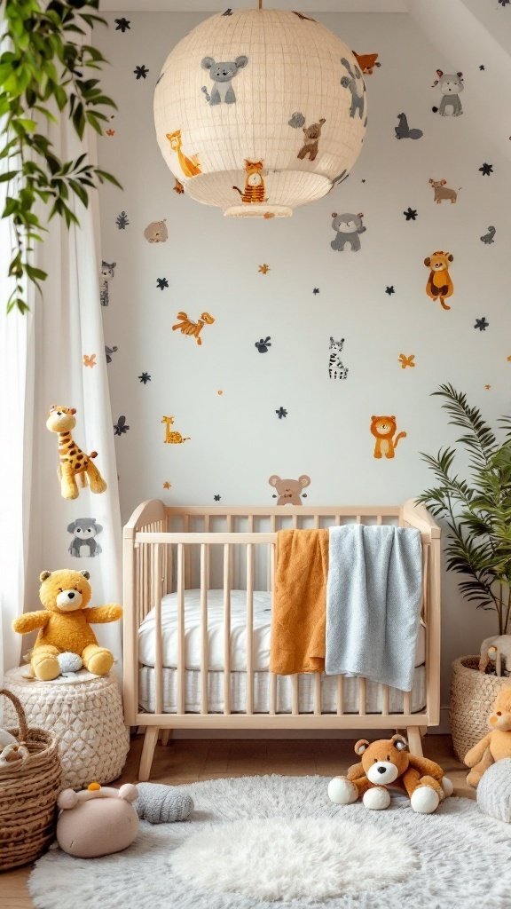 A cozy nursery with whimsical animal prints on the wall, featuring a crib, plush toys, and warm colors.