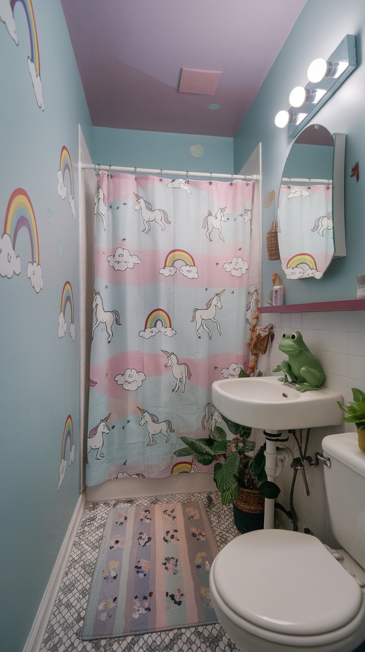 A small bathroom with animal-themed decor, featuring playful wall decals of monkeys and a zebra, colorful towels, and a patterned rug.