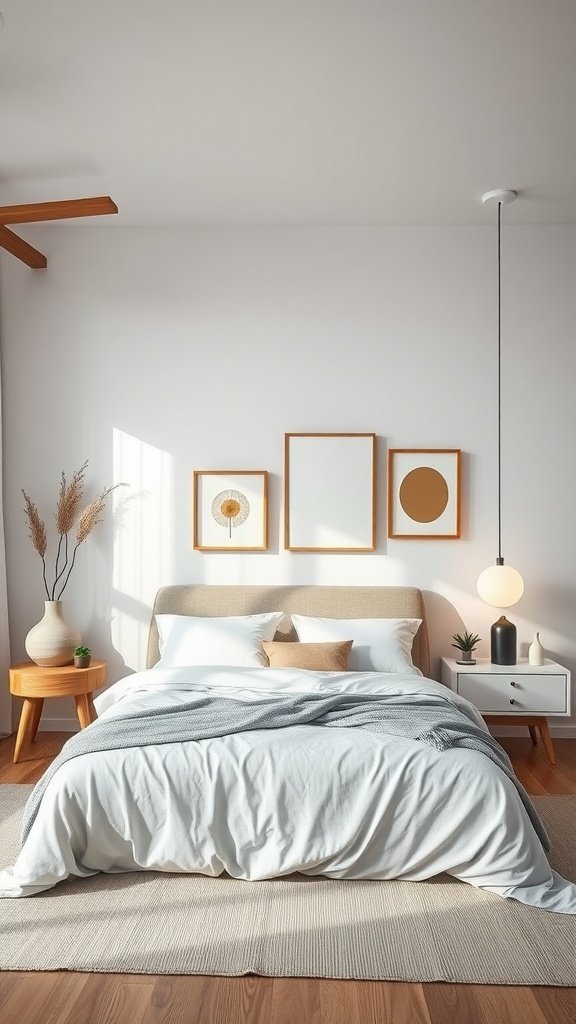 A cozy minimalist bedroom featuring a bed with soft linens, framed art on the wall, and natural decor elements.