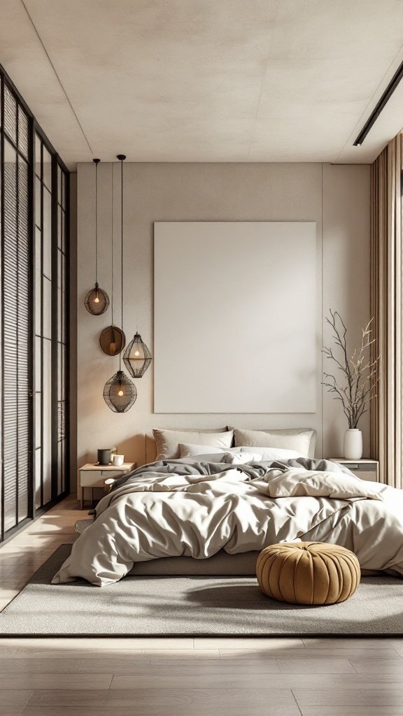 A well-designed Japandi bedroom featuring neutral colors, minimalistic furniture, and natural elements.