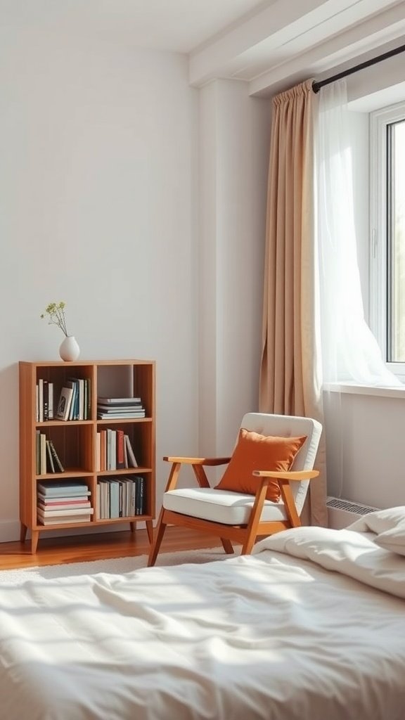 Cozy reading nook in a minimalist bedroom with a chair, cushion, and bookshelf.