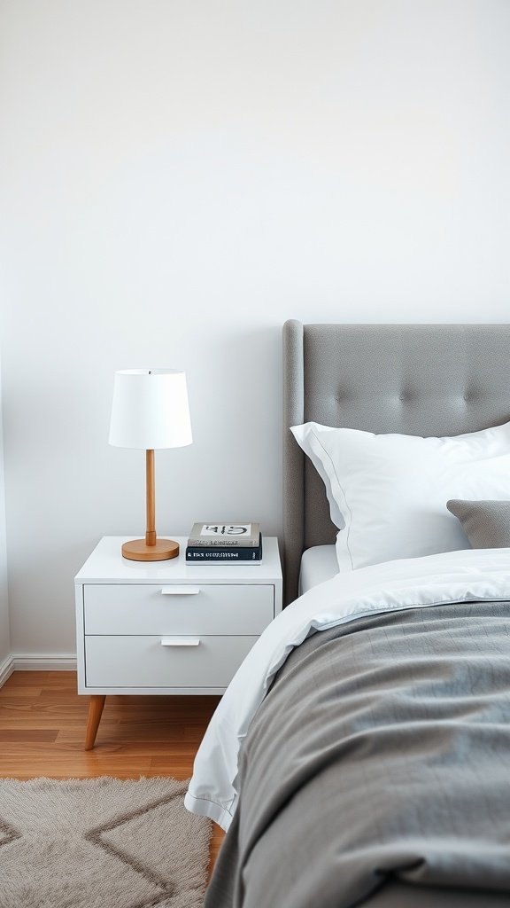 Decluttered nightstand with a lamp and stacked books in a minimalist bedroom