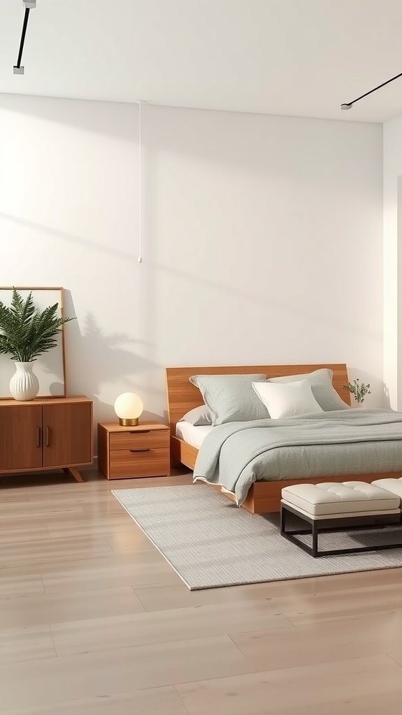 A minimalist bedroom featuring a wooden bed, nightstand, dresser, and a stylish bench, all in soft colors and clean lines.