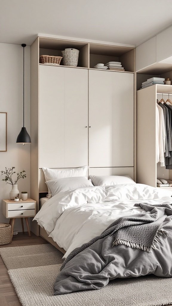 A stylish Japandi bedroom featuring functional storage solutions, including built-in wardrobes and open shelves.