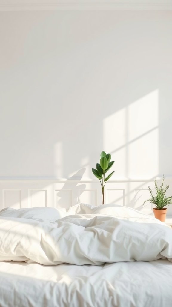 A minimalist bedroom featuring a neatly made bed with white bedding and two indoor plants in pots.