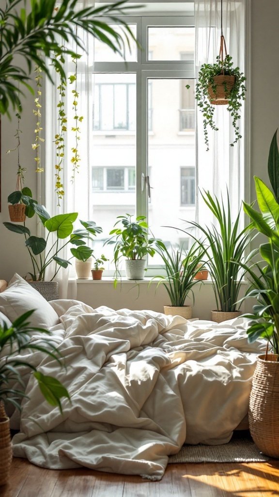 A serene bedroom with various indoor plants, soft bedding, and natural light streaming through the window.