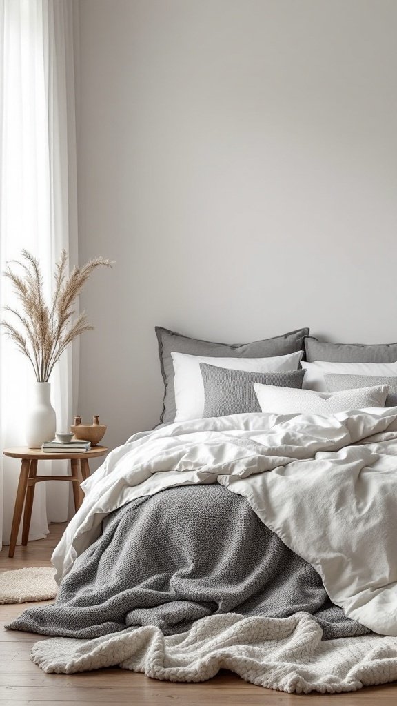 A cozy bedroom with layered bedding in neutral colors, featuring a fluffy duvet, gray blankets, and various pillows.