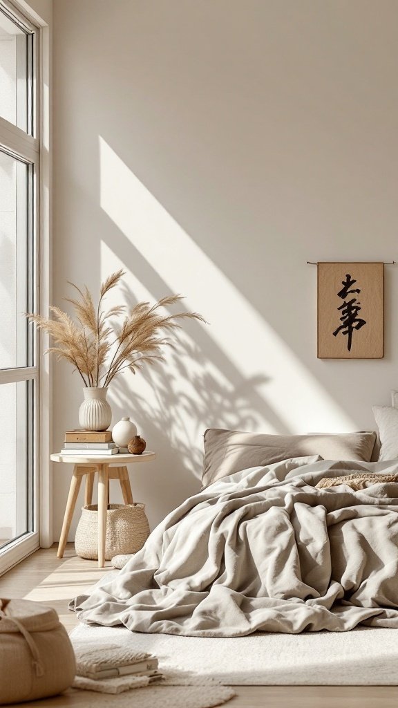 A serene Japandi bedroom with minimalist furniture, featuring neutral bedding and a simple wooden side table with decorative elements.