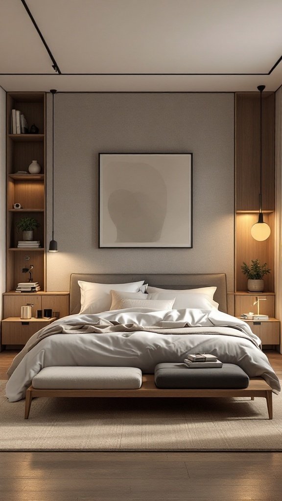 A modern Japandi bedroom featuring sleek pendant lights, recessed lighting, and soft accents.