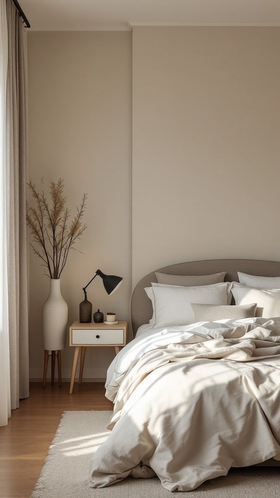 A Japandi bedroom featuring a neutral color palette with beige tones and light cream bedding.