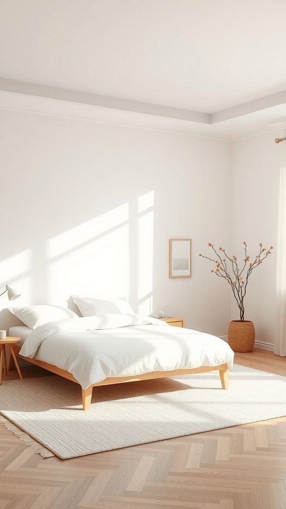 Minimalist bedroom with a serene color palette featuring a white bed, wooden furniture, and a potted plant.