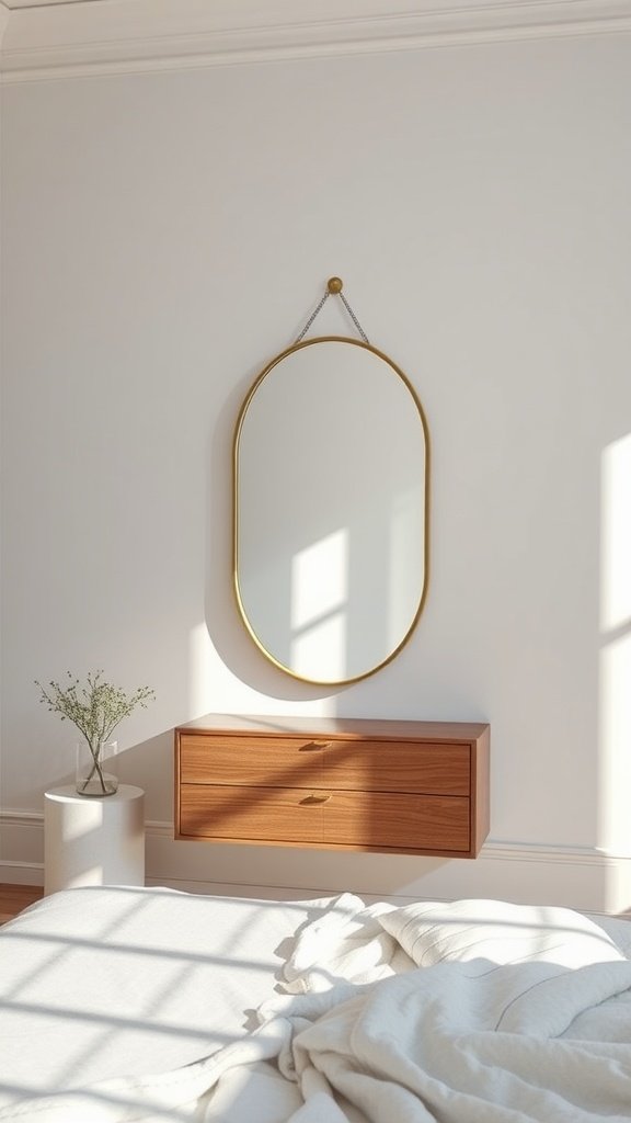 A minimalist bedroom featuring an oval mirror and a wooden storage unit, complemented by soft lighting.