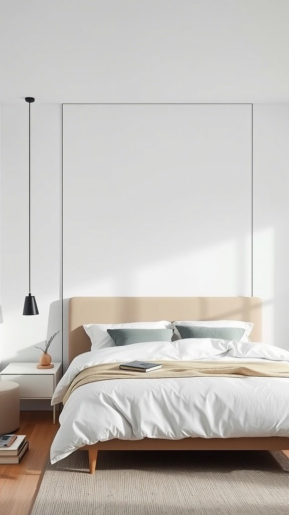 A minimalist bedroom featuring a simple bed, light-colored walls, and a small side table with a plant.