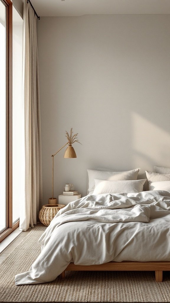 A cozy Japandi bedroom featuring layered bedding, natural light, and a warm color palette.